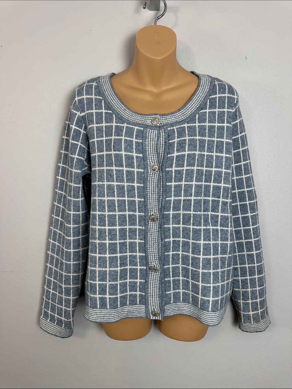 Cyrus Checked Crewneck Button-Front Sweater Cardigan - Blue/White